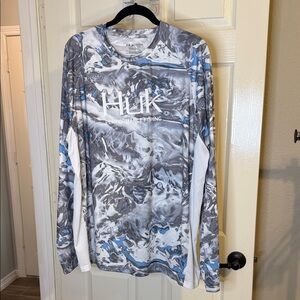 Huk Performance Fishing Long Sleeve Shirt - Blue, Gray & White Marble Camo